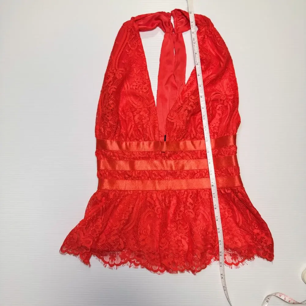 Bebe Lace Halter Peplum Top Poppy Red Women’s Small Plunge Satin Waist Y2K Party - Picture 6 of 16